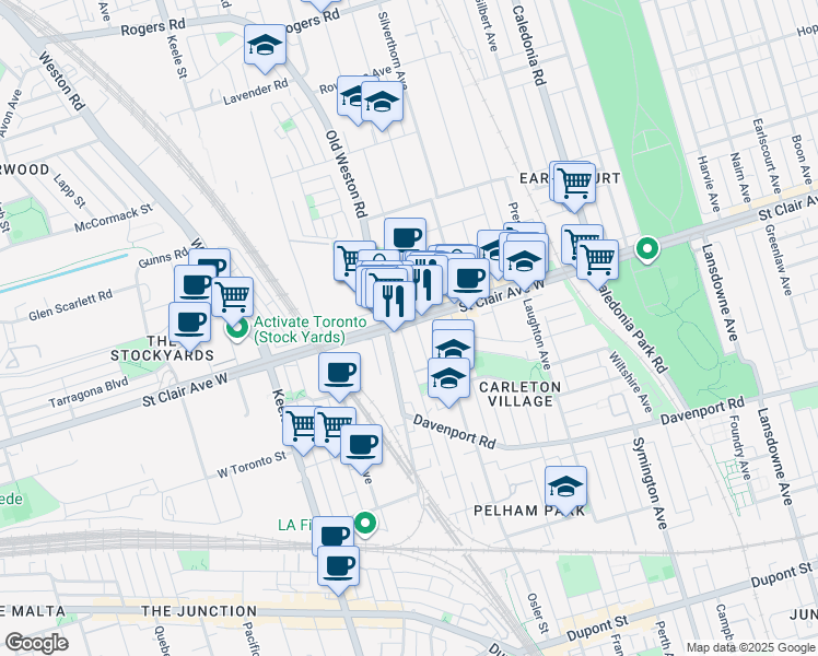 map of restaurants, bars, coffee shops, grocery stores, and more near 1787 Saint Clair Avenue West in Toronto