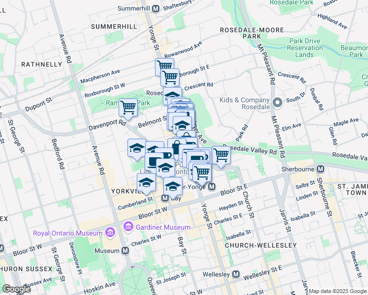 map of restaurants, bars, coffee shops, grocery stores, and more near 900 Yonge Street in Toronto