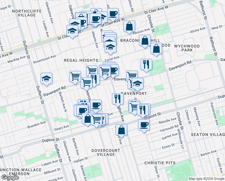 map of restaurants, bars, coffee shops, grocery stores, and more near 1188 Ossington Avenue in Toronto