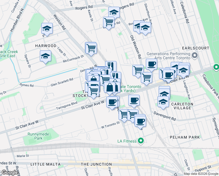 map of restaurants, bars, coffee shops, grocery stores, and more near 45 Weston Road in Toronto