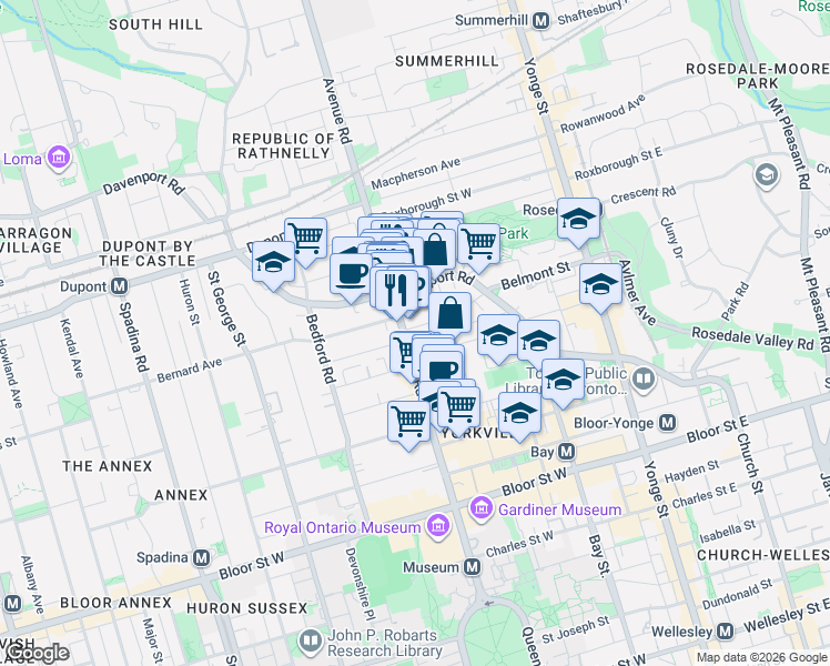 map of restaurants, bars, coffee shops, grocery stores, and more near 29 Webster Avenue in Toronto