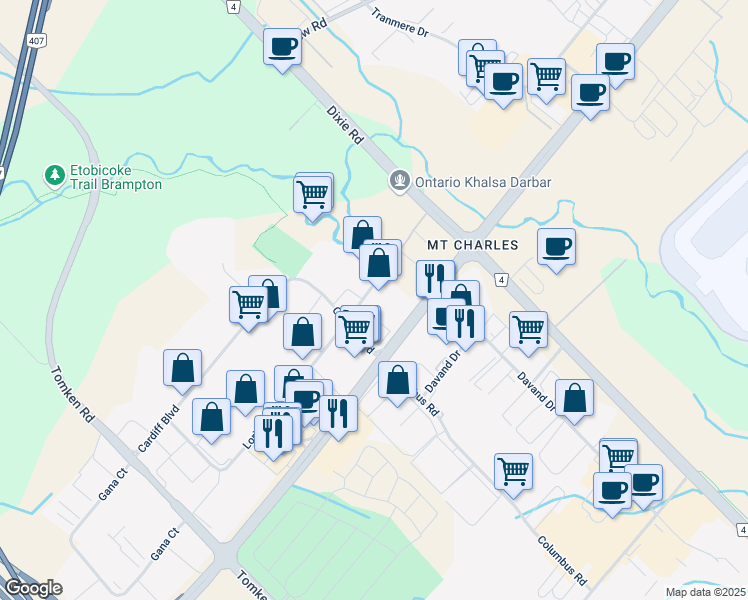 map of restaurants, bars, coffee shops, grocery stores, and more near 1332 Khalsa Drive in Mississauga