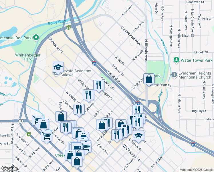 map of restaurants, bars, coffee shops, grocery stores, and more near 424 Galveston Street in Caldwell