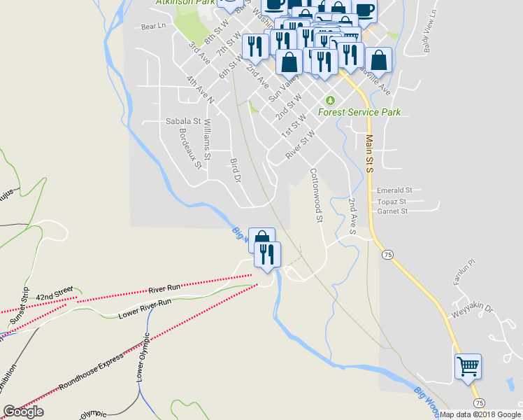 map of restaurants, bars, coffee shops, grocery stores, and more near 300 Wood River Drive in Ketchum