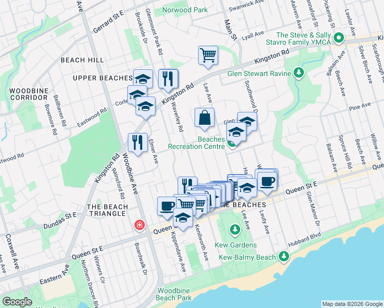map of restaurants, bars, coffee shops, grocery stores, and more near in Toronto