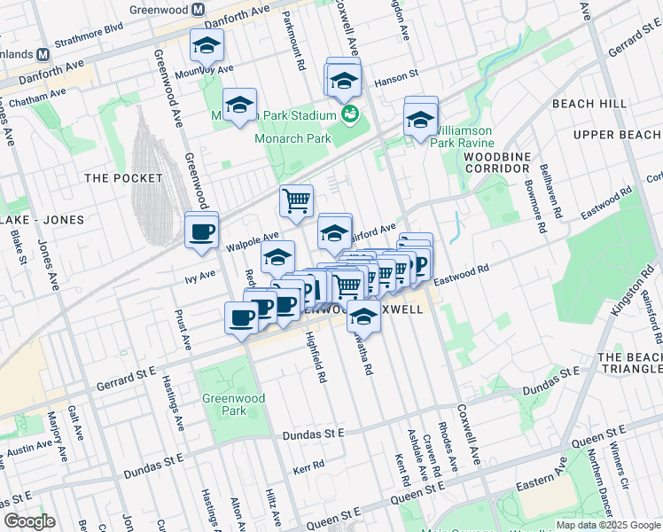 map of restaurants, bars, coffee shops, grocery stores, and more near 170 Hiawatha Road in Toronto