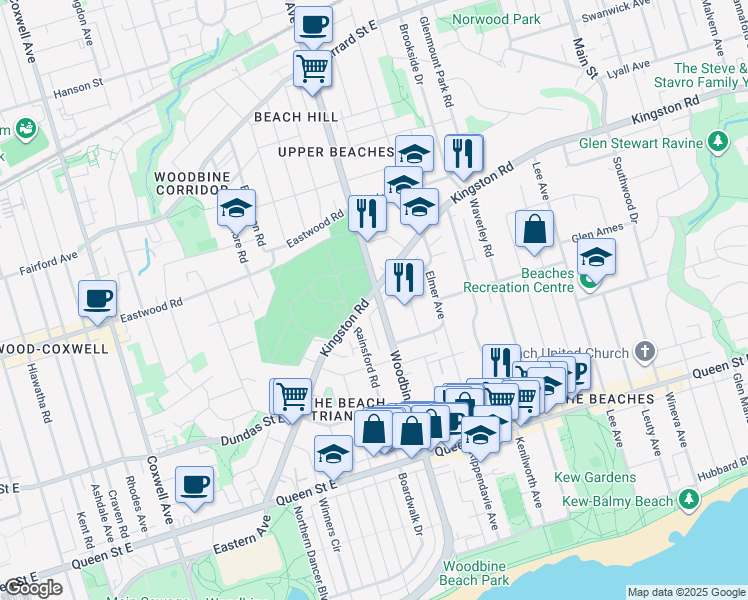 map of restaurants, bars, coffee shops, grocery stores, and more near 233 Kingston Road in Toronto