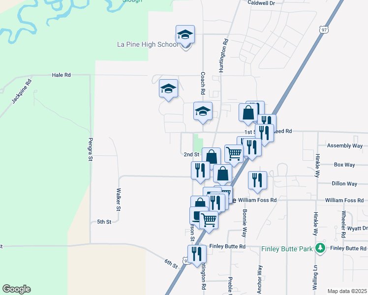 map of restaurants, bars, coffee shops, grocery stores, and more near 51587 Stillwell in La Pine