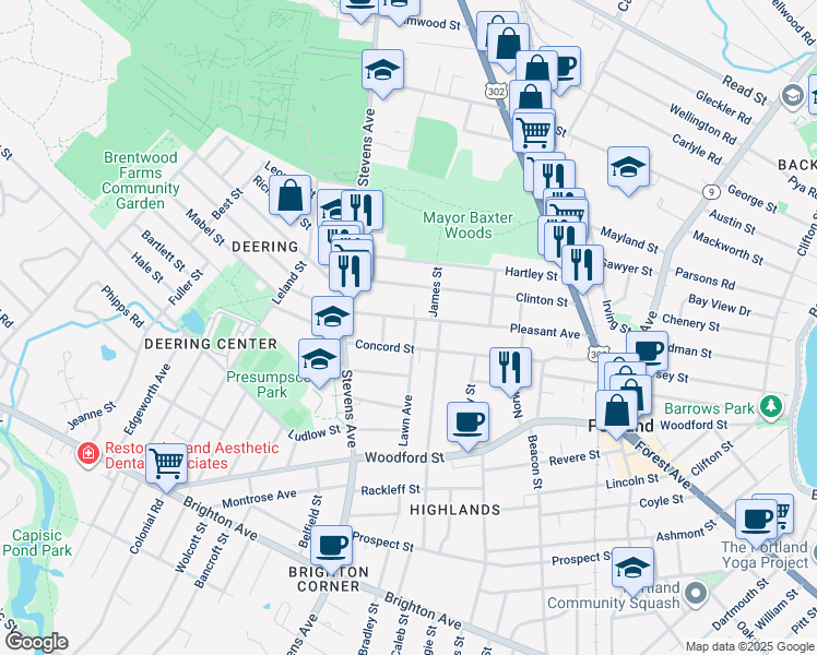 map of restaurants, bars, coffee shops, grocery stores, and more near 159 Pleasant Avenue in Portland