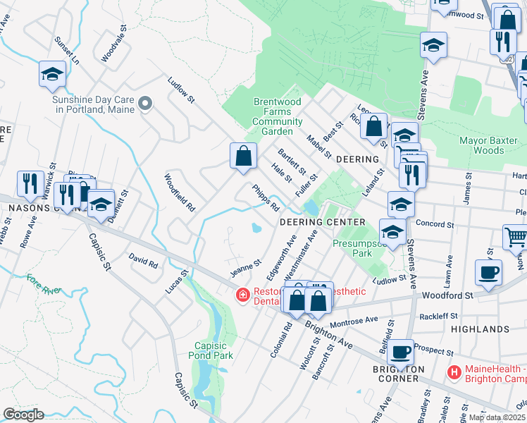 map of restaurants, bars, coffee shops, grocery stores, and more near 19 Phipps Road in Portland