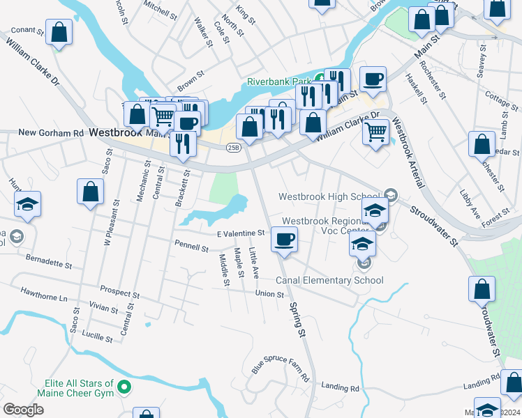 map of restaurants, bars, coffee shops, grocery stores, and more near 76 Spring Street in Westbrook