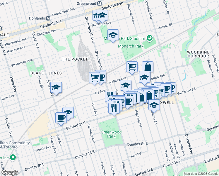 map of restaurants, bars, coffee shops, grocery stores, and more near in Toronto