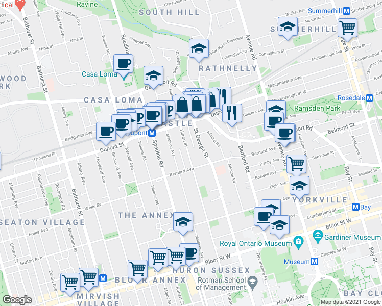 map of restaurants, bars, coffee shops, grocery stores, and more near in Toronto