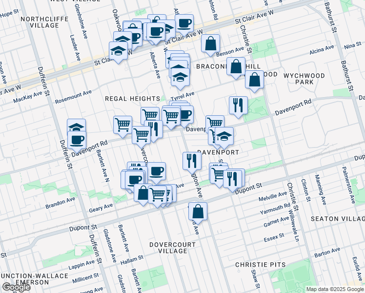 map of restaurants, bars, coffee shops, grocery stores, and more near in Toronto