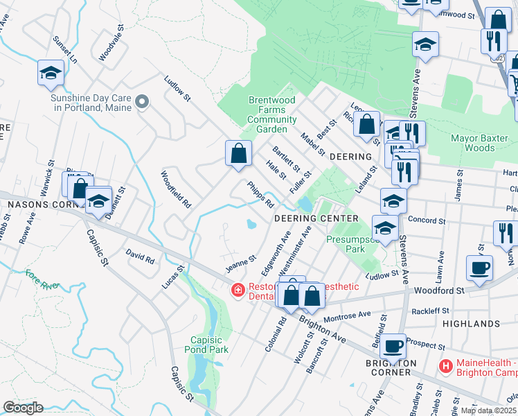 map of restaurants, bars, coffee shops, grocery stores, and more near 19 Phipps Road in Portland