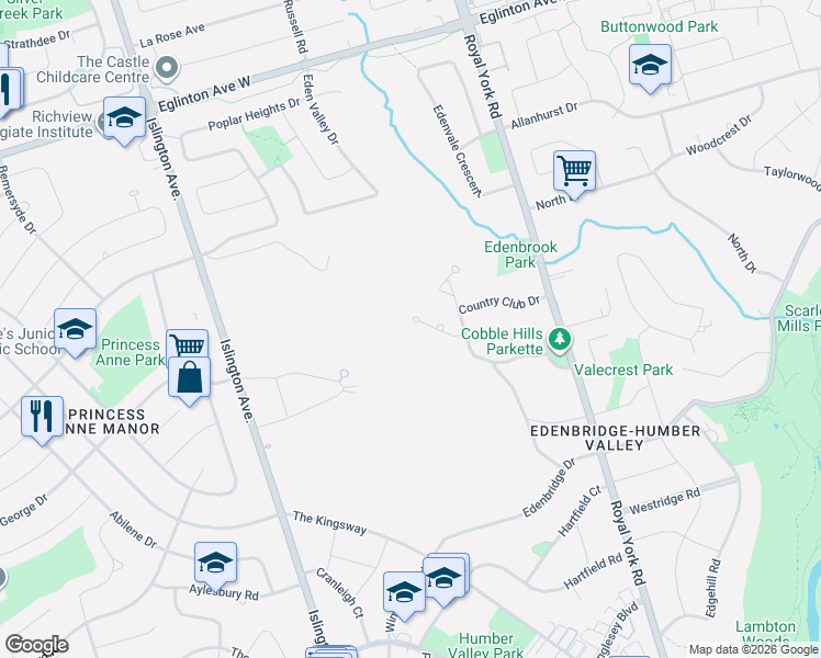 map of restaurants, bars, coffee shops, grocery stores, and more near 10 Woodmere Court in Toronto