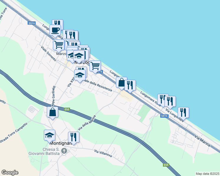 map of restaurants, bars, coffee shops, grocery stores, and more near 17 Viale della Resistenza in Montignano-marzocca