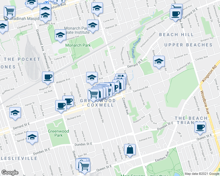 map of restaurants, bars, coffee shops, grocery stores, and more near 302 Rhodes Avenue in Toronto