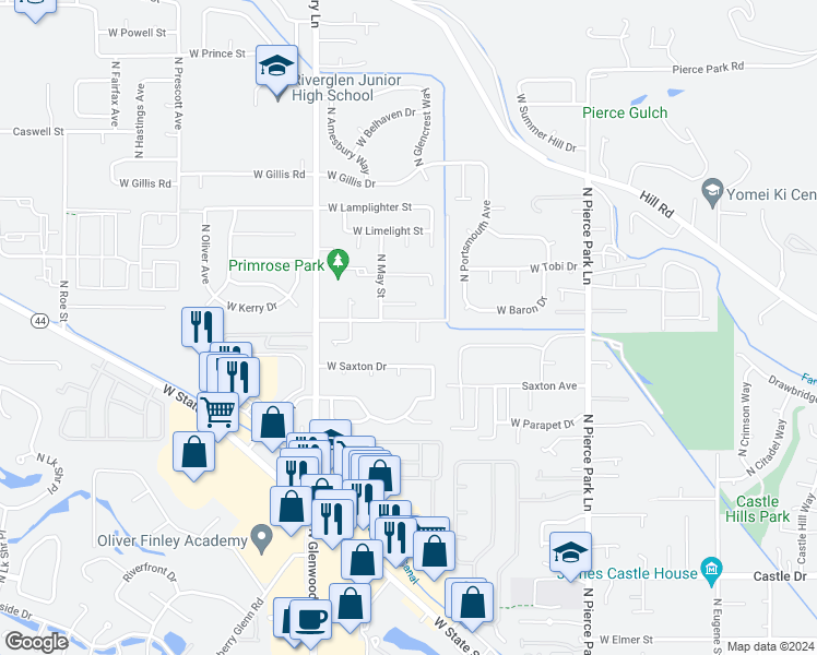 map of restaurants, bars, coffee shops, grocery stores, and more near 6811 West Baron Avenue in Boise
