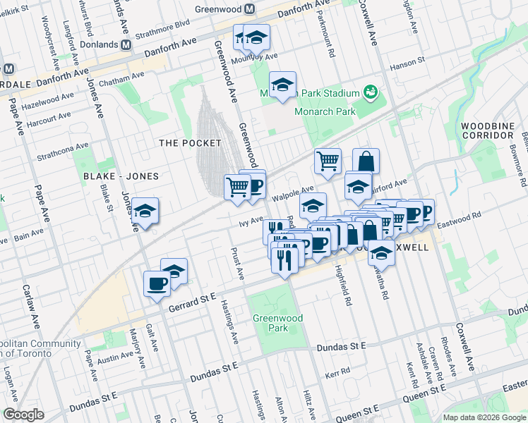 map of restaurants, bars, coffee shops, grocery stores, and more near 288 Greenwood Avenue in Toronto