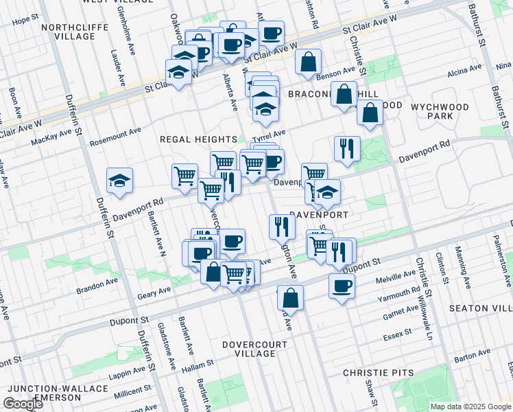 map of restaurants, bars, coffee shops, grocery stores, and more near 71 Somerset Avenue in Toronto