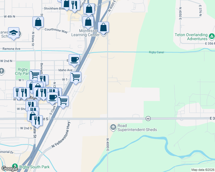 map of restaurants, bars, coffee shops, grocery stores, and more near 328 North 4000 East in Rigby
