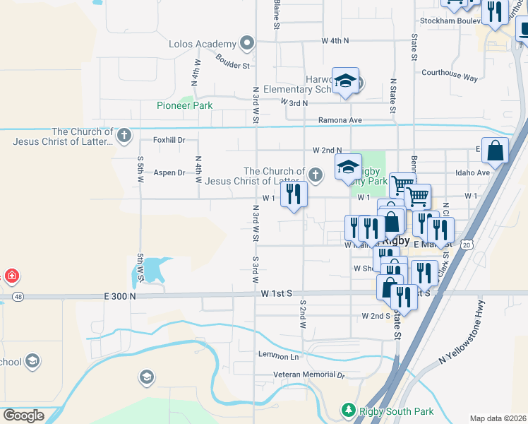 map of restaurants, bars, coffee shops, grocery stores, and more near 375 W 1st N in Rigby