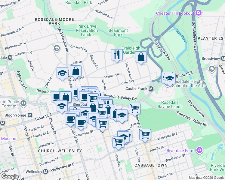 map of restaurants, bars, coffee shops, grocery stores, and more near 1 A Dale Avenue in Toronto