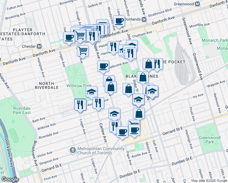 map of restaurants, bars, coffee shops, grocery stores, and more near 35 Dingwall Avenue in Toronto