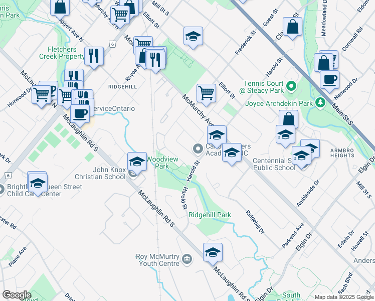 map of restaurants, bars, coffee shops, grocery stores, and more near Stanley Court in Brampton