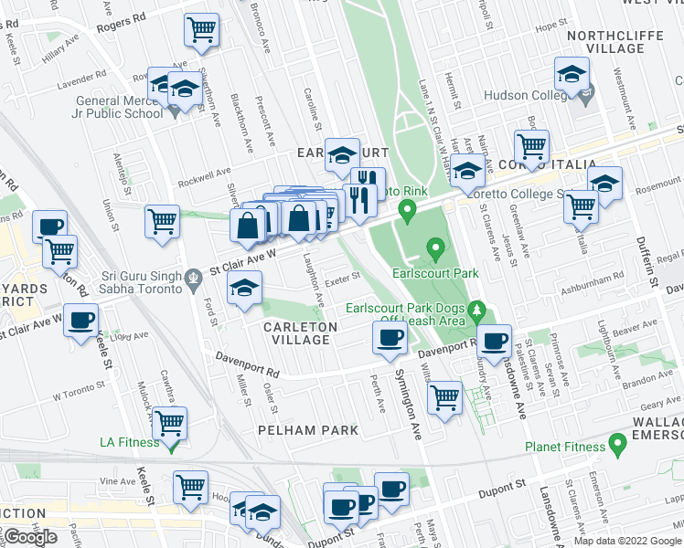 map of restaurants, bars, coffee shops, grocery stores, and more near 28 Exeter Street in Toronto