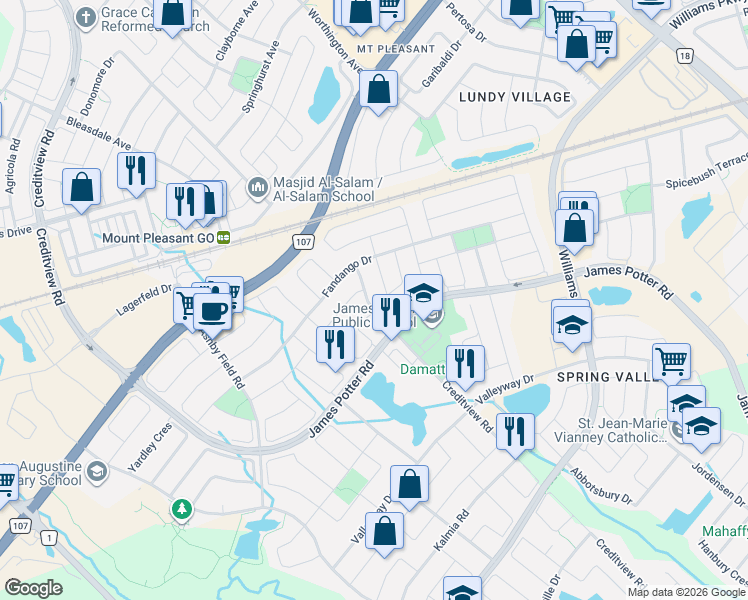 map of restaurants, bars, coffee shops, grocery stores, and more near 25 Georgian Road in Brampton