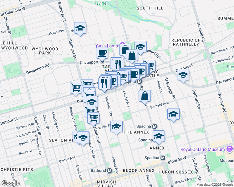map of restaurants, bars, coffee shops, grocery stores, and more near 533 Brunswick Avenue in Toronto