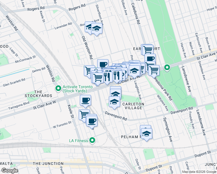 map of restaurants, bars, coffee shops, grocery stores, and more near 1779 Saint Clair Avenue West in Toronto