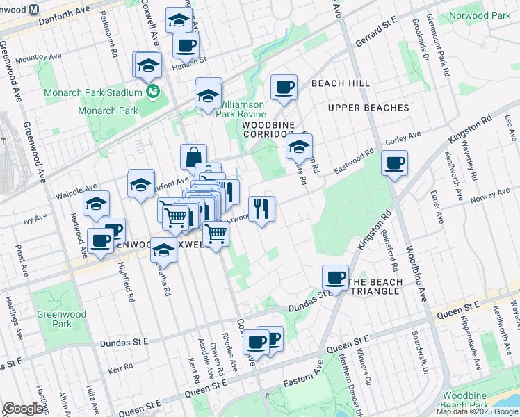 map of restaurants, bars, coffee shops, grocery stores, and more near 70 Eastwood Road in Toronto