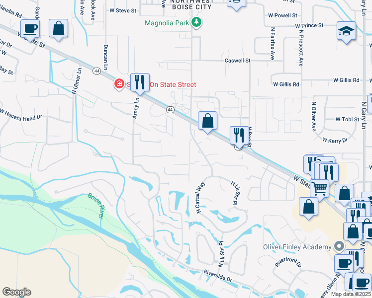 map of restaurants, bars, coffee shops, grocery stores, and more near 5885 North Bogart Lane in Boise