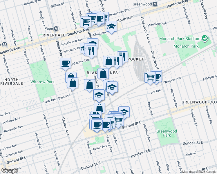 map of restaurants, bars, coffee shops, grocery stores, and more near in Toronto