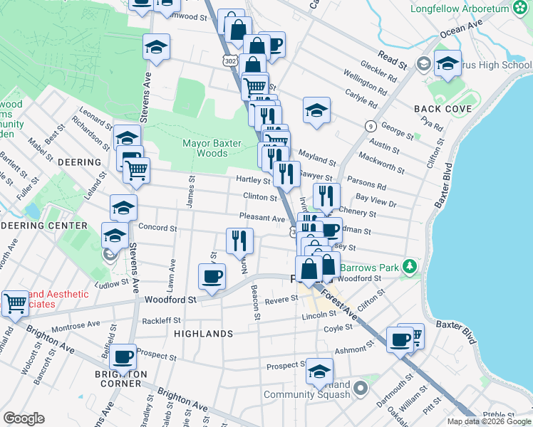 map of restaurants, bars, coffee shops, grocery stores, and more near 31 Pleasant Avenue in Portland