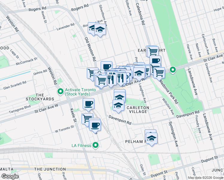 map of restaurants, bars, coffee shops, grocery stores, and more near 1787 Saint Clair Avenue West in Toronto