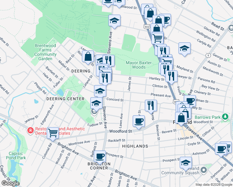 map of restaurants, bars, coffee shops, grocery stores, and more near 159 Pleasant Avenue in Portland