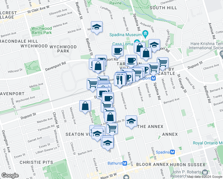 map of restaurants, bars, coffee shops, grocery stores, and more near 430 Dupont Street in Toronto