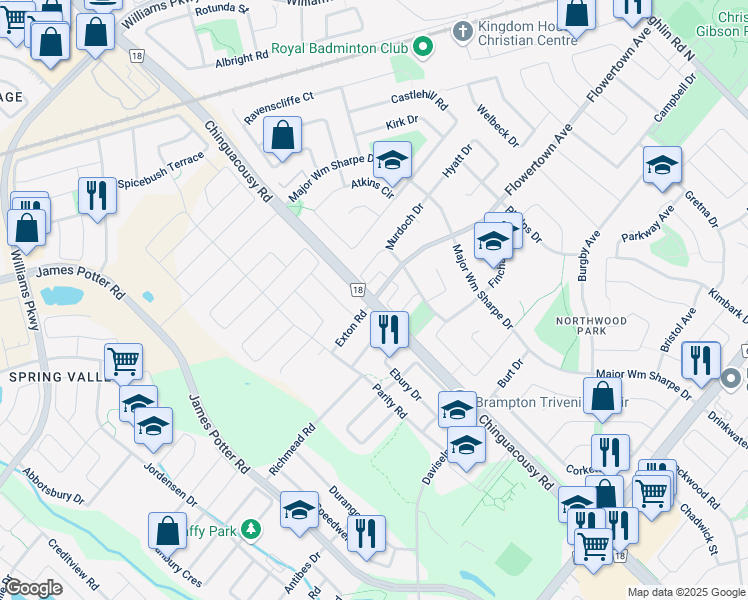 map of restaurants, bars, coffee shops, grocery stores, and more near Chinguacousy Rd & Flowertown Ave in Brampton