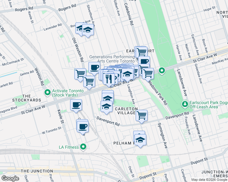 map of restaurants, bars, coffee shops, grocery stores, and more near 62 Hounslow Heath Road in Toronto