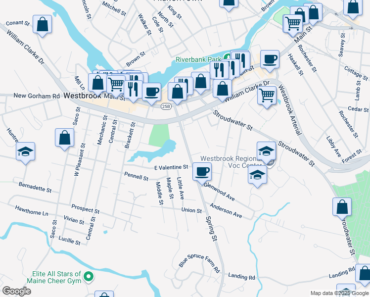 map of restaurants, bars, coffee shops, grocery stores, and more near 81 Spring Street in Westbrook