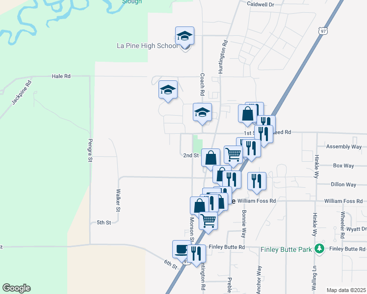 map of restaurants, bars, coffee shops, grocery stores, and more near 51587 Stillwell in La Pine