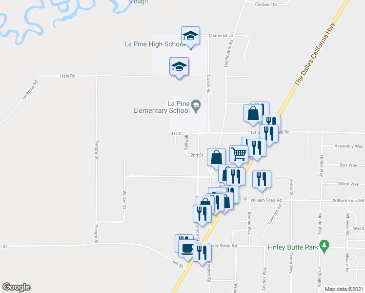 map of restaurants, bars, coffee shops, grocery stores, and more near 51587 Stillwell in La Pine