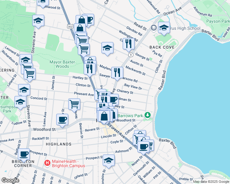 map of restaurants, bars, coffee shops, grocery stores, and more near 14 Chenery Street in Portland