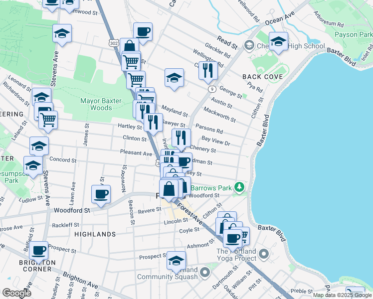 map of restaurants, bars, coffee shops, grocery stores, and more near 14 Chenery Street in Portland