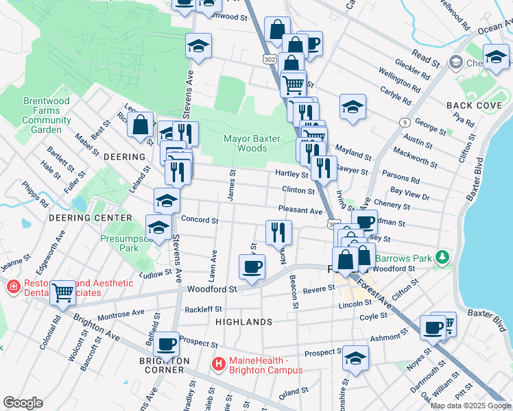 map of restaurants, bars, coffee shops, grocery stores, and more near 93 Pleasant Avenue in Portland