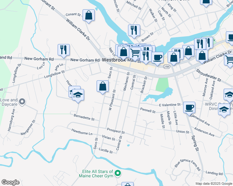 map of restaurants, bars, coffee shops, grocery stores, and more near 48 West Pleasant Street in Westbrook